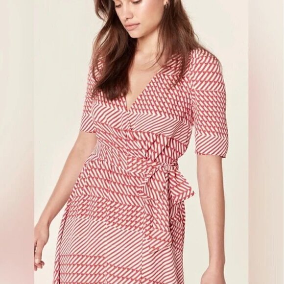 Joie Cata Wrap Dress 10 Midi Red Patchwork Pattern Stripe - Picture 8 of 15